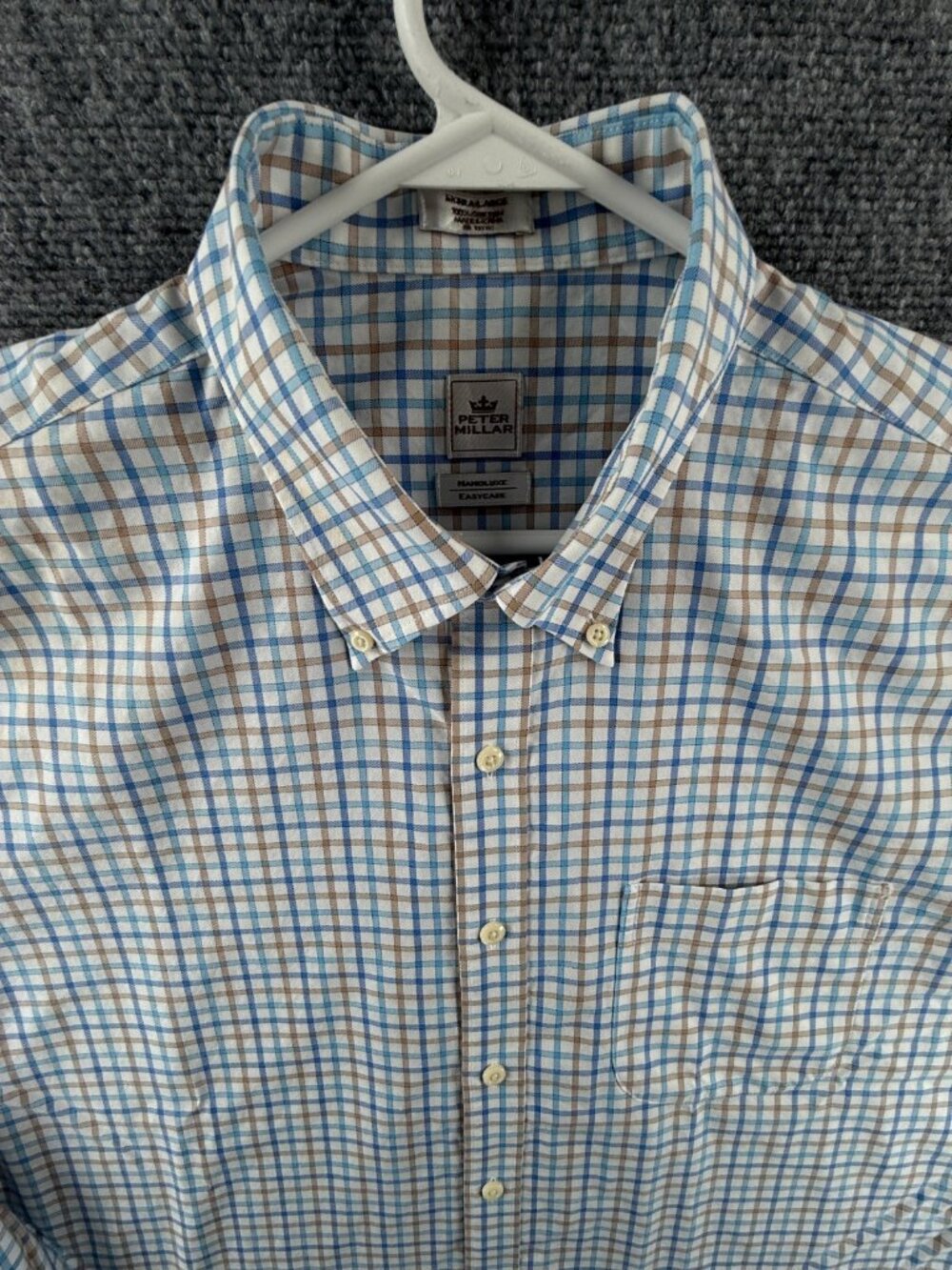 Peter Millar Blue Brown Nanoluxe Cotton Button-Down Check XL Long Sleeve Mens